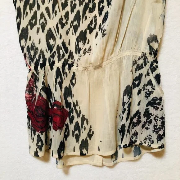 Jonathan Martin Floral and Cheetah Sheer Ruffle Button Down Blouse Size Small - Picture 6 of 7